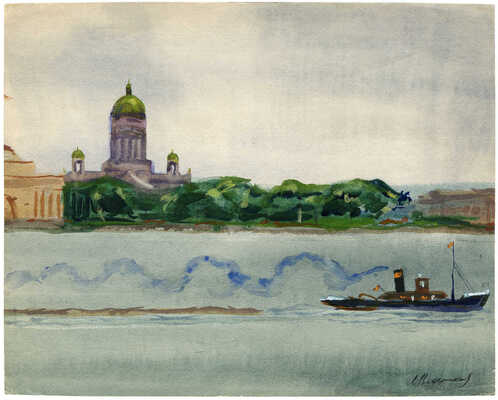 Ведерников Александр Семенович. Вид на Исаакиевский собор с Университетской набережной (на оборотной стороне карандашный набросок)  